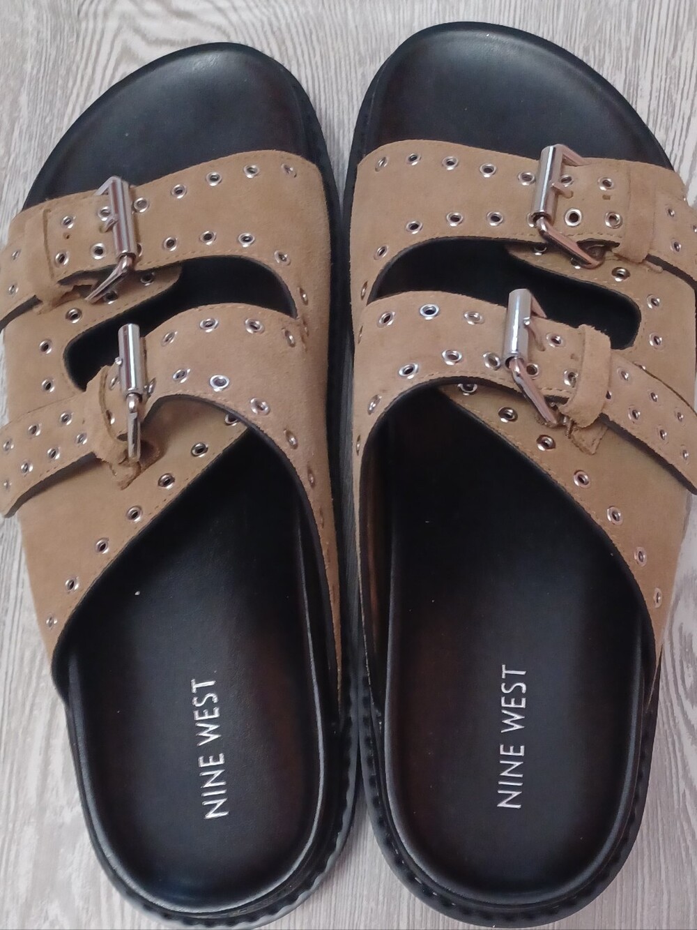 Nine West Brown Suede Double-Buckle Slide Sandals with Silver Studs